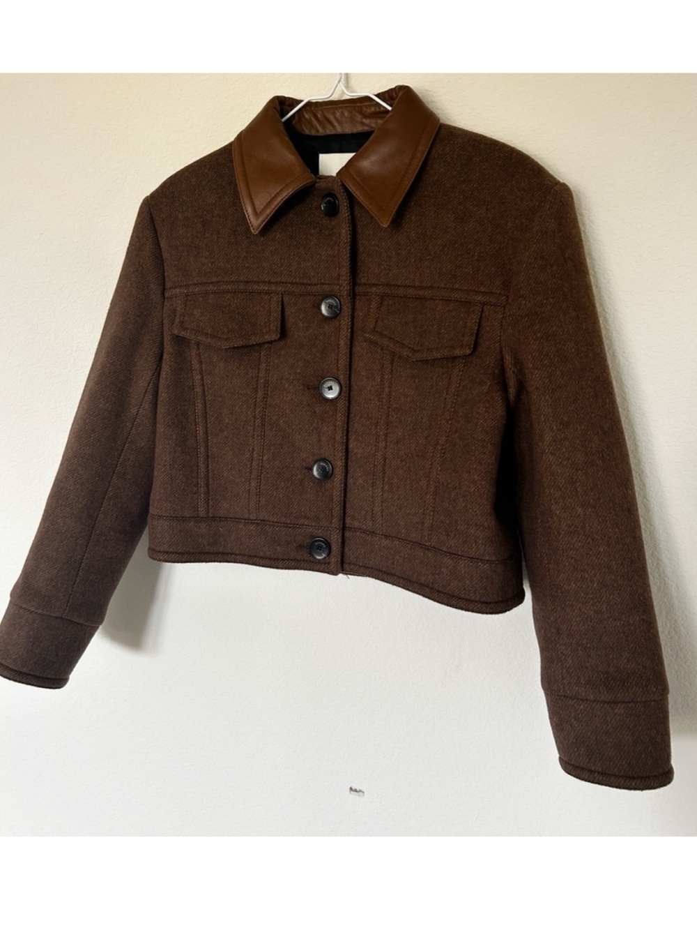 Sandro King Cropped Wool Twill Jacket Leather Collar - Picture 8 of 13